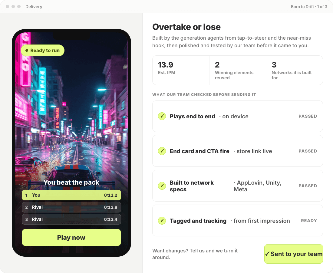 Reviewing and approving a generated playable ad before launch in Segwise
