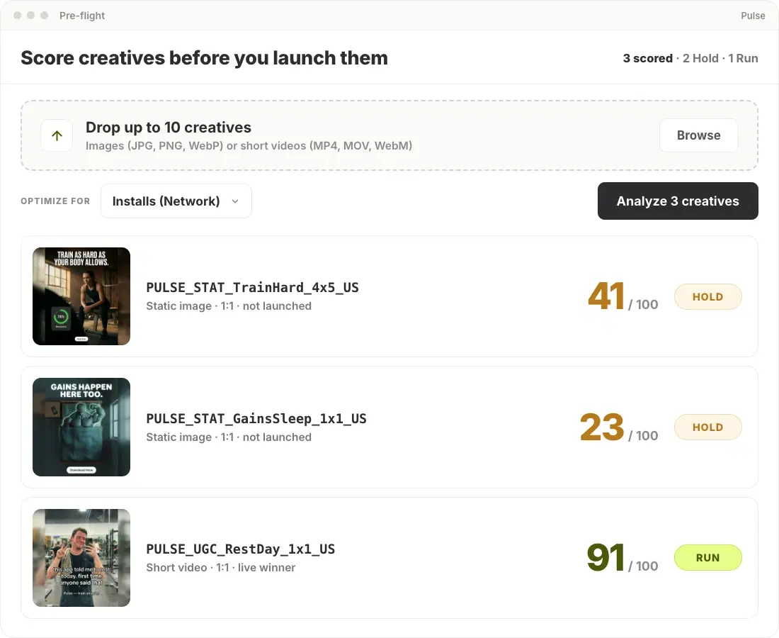 Uploading a batch of new creatives into Segwise and scoring each one out of 100
