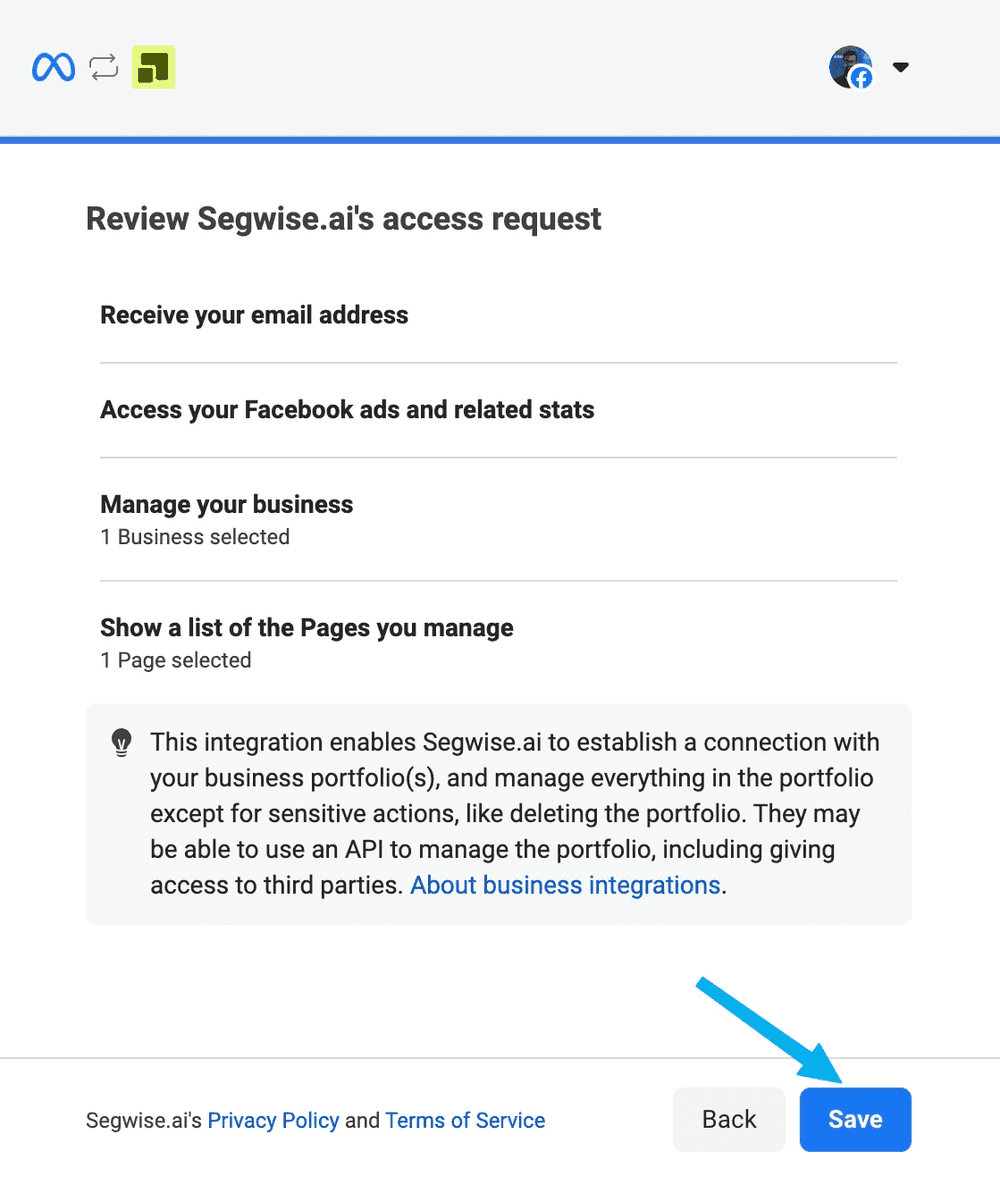 Meta Step 4: Review and continue to Segwise screenshot 1