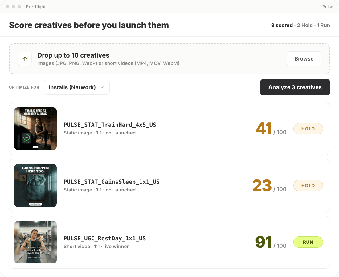 Uploading a batch of new creatives into Segwise and scoring each one out of 100