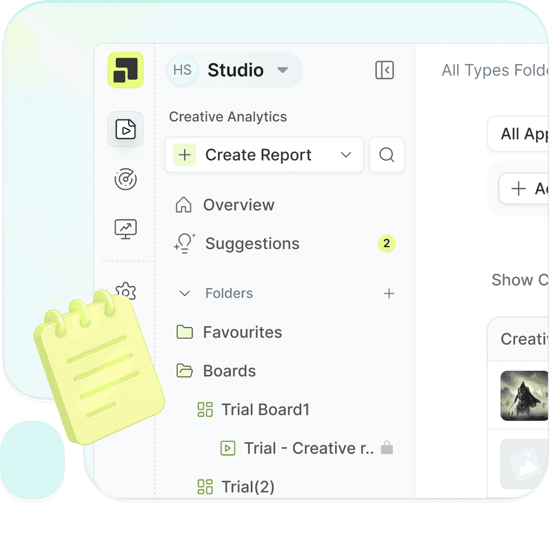 Studio view managing creative analytics across multiple apps and brands in Segwise