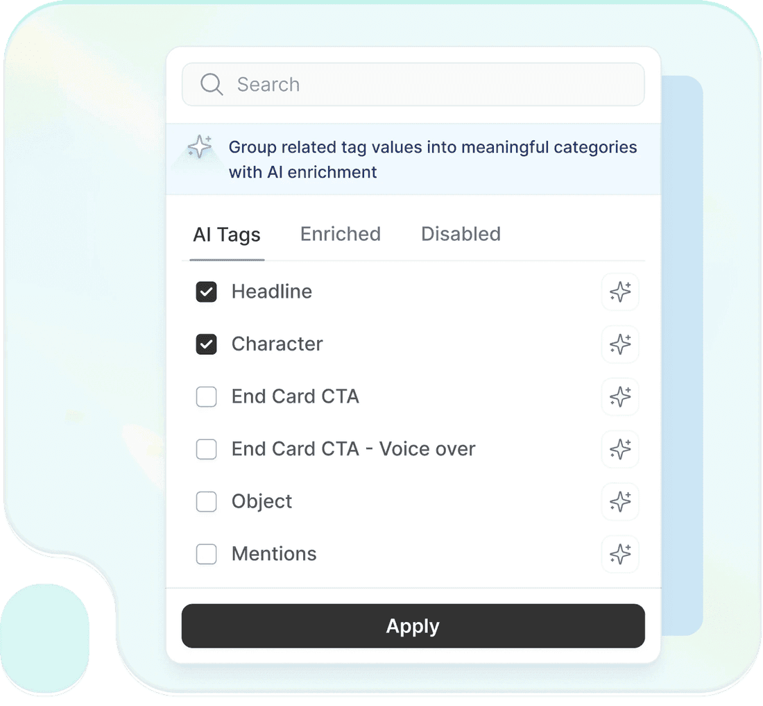 Enriched creative tags grouped into categories for analysis in Segwise