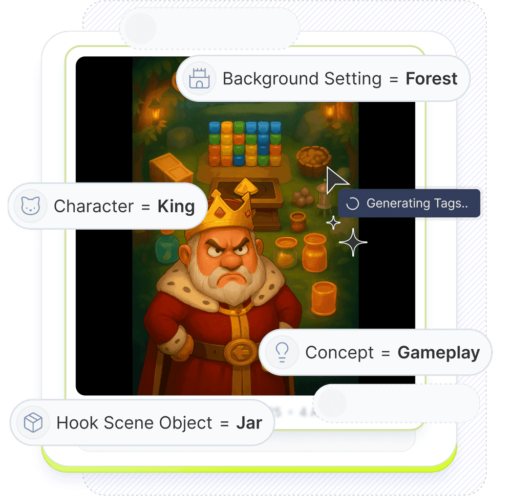 Segwise AI creative tagging interface labeling elements across ad creatives