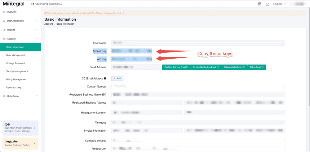 Mintegral Step 1: Fetch the Access and API keys from the Mintegral Dashboard screenshot 1