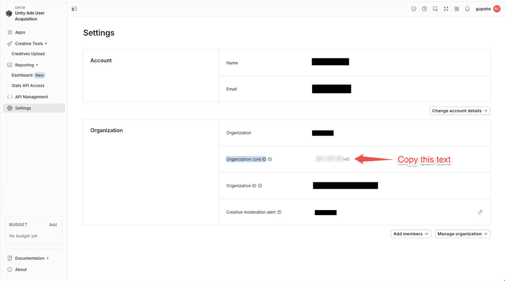 Unity Steps to get the organization ID: screenshot 2