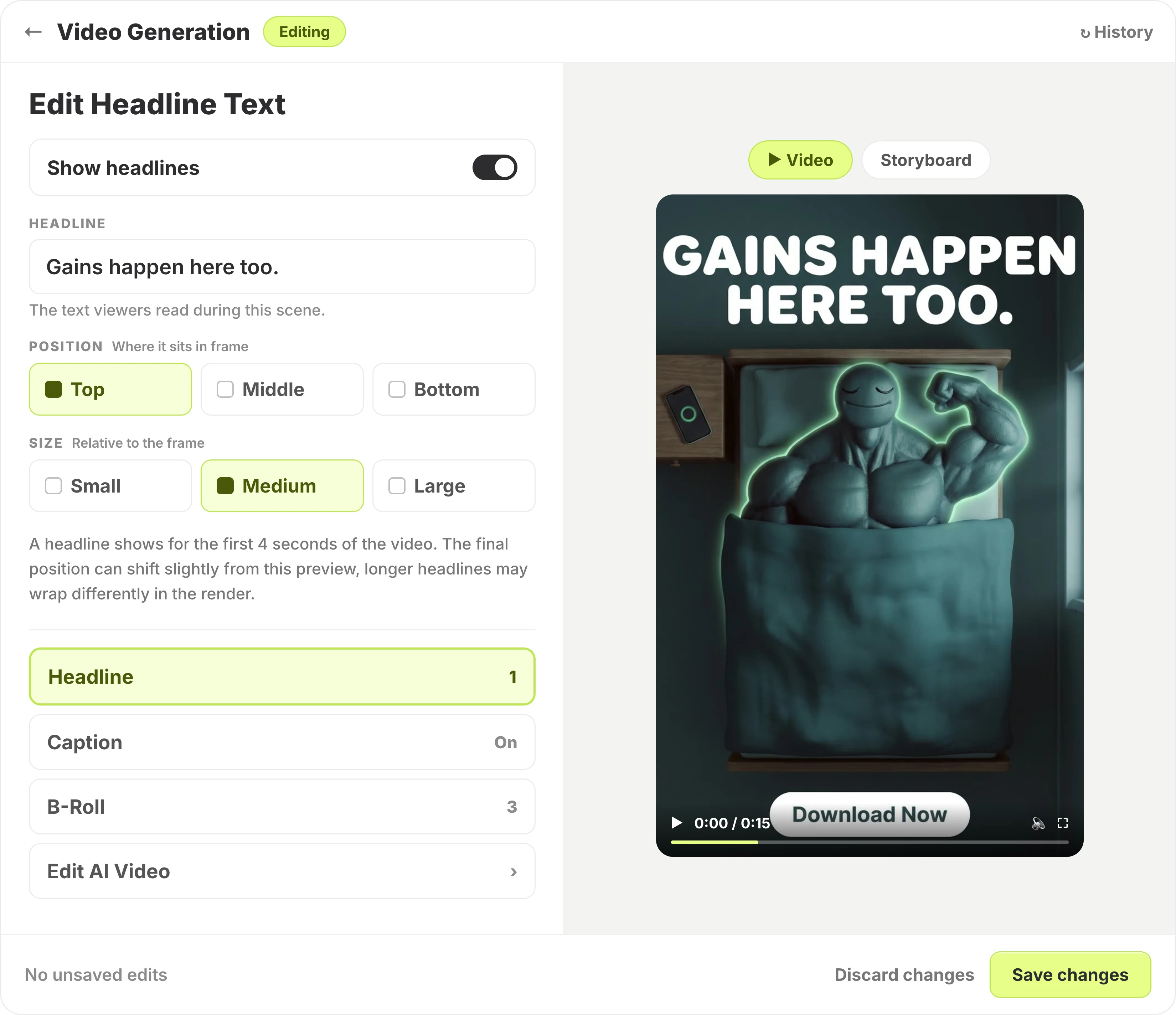 Editing the headline of a generated video ad in Segwise